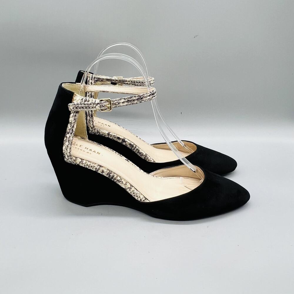 Cole Haan Black Wedge Heels with Snake-Print Ankle Straps